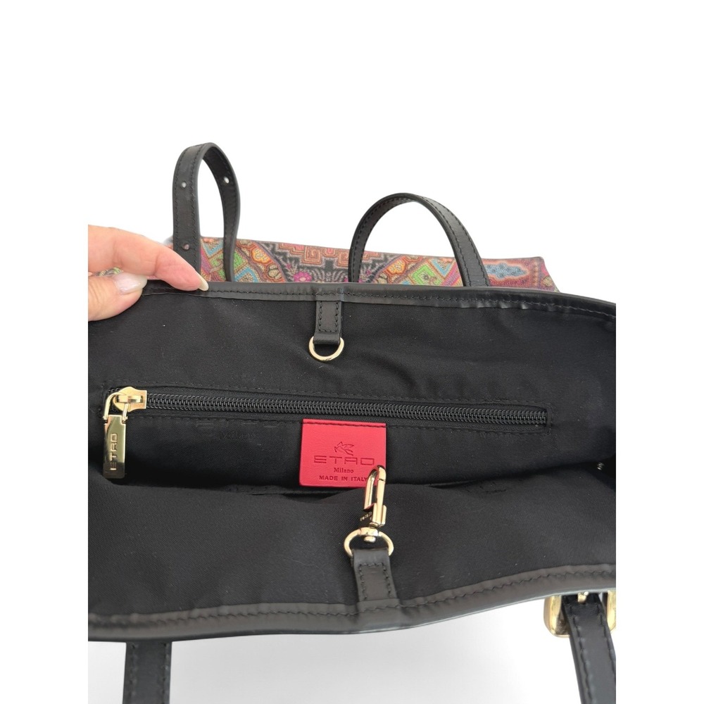 Etro Milano Paisley Print Coated Canvas Tote Bag Black + Wristlet Leather Trim - Picture 11 of 16